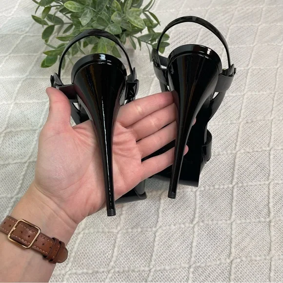 Saint Laurent Tribute Platform Sandals 105mm Black Patent Leather Size 38.5 8.5 - Picture 11 of 17